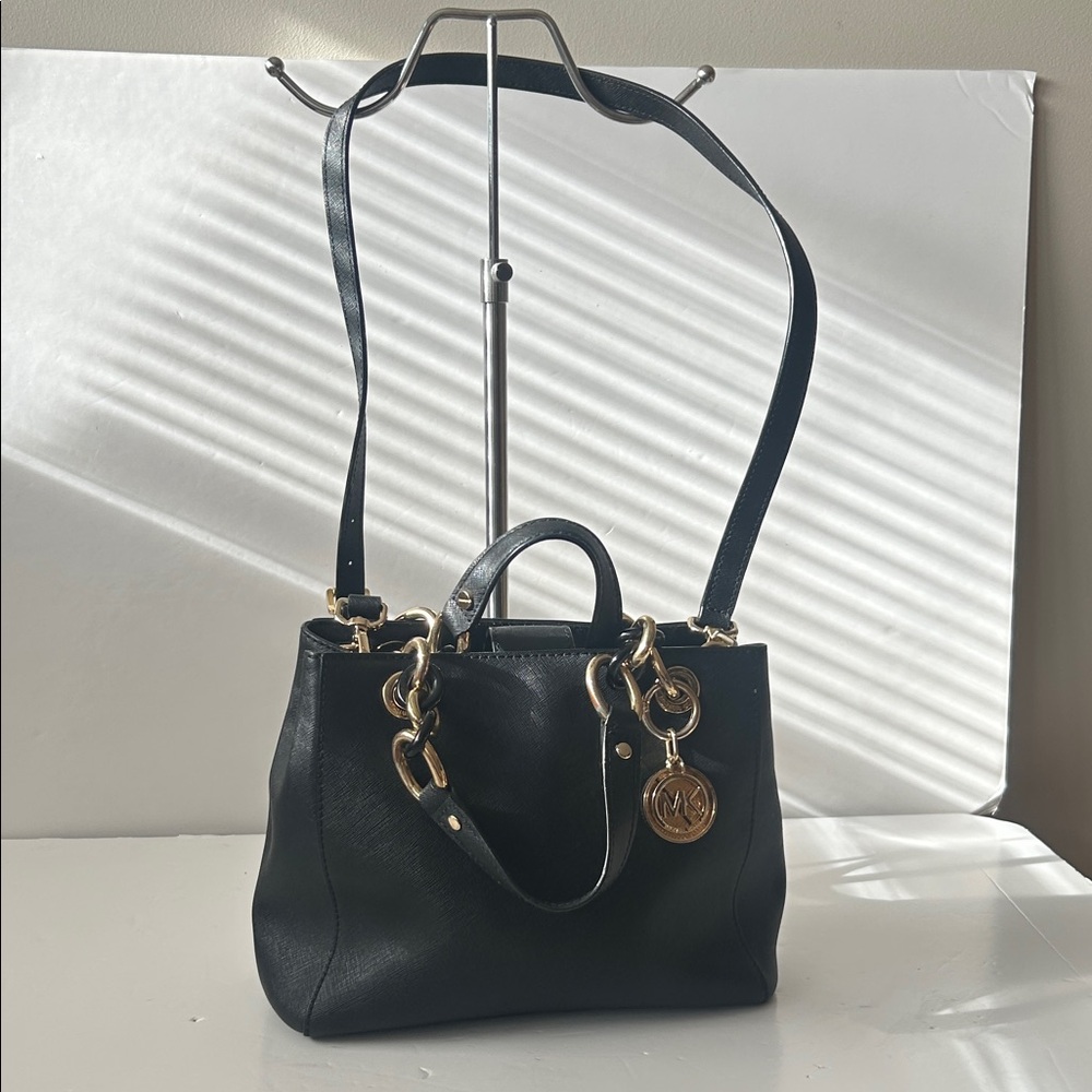 Michael Kors Black Saffiano Leather Crossbody Bag with Gold Details Quiet Luxury